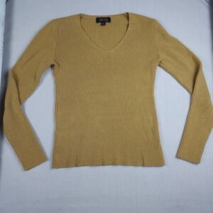 Truth By Republic Womens Medium Mustard Rib Knit V Neck Sweater Stretch Casual